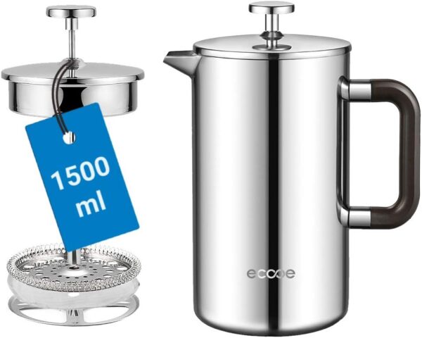 Ecooe 1.5L French Press Edelstahl 18/10 3 Filter