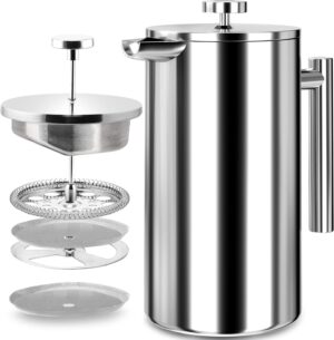 KICHLY French Press 1000ml Edelstahlfilter Silber