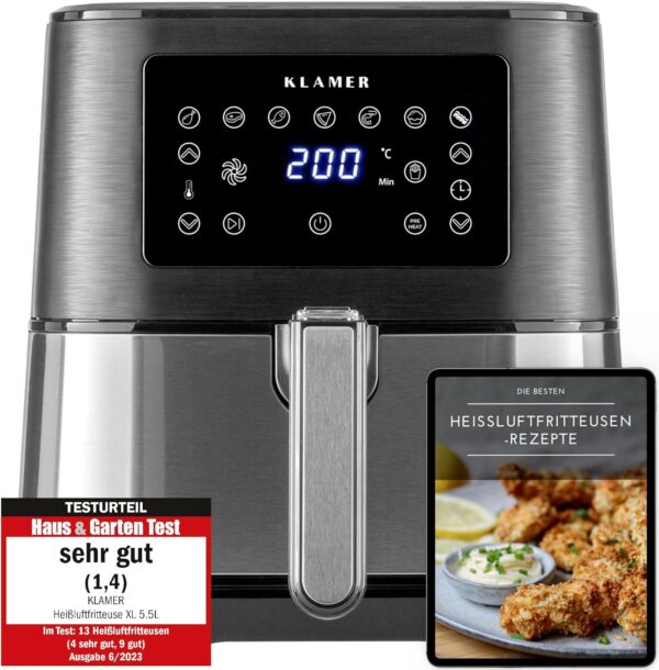 KLAMER XXL Heißluftfritteuse 5,5l 1700W LED-Touch