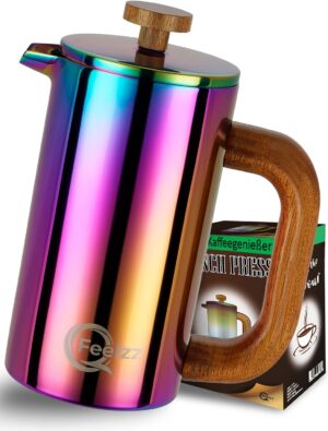 QFeelzz Regenbogen French Press 600ml Edelstahl Holz