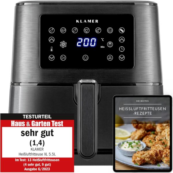 KLAMER XXL Heißluftfritteuse 5,5l 1700W Rezeptbuch